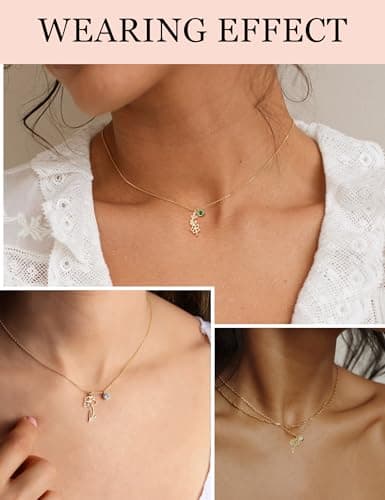 ZNBOH Birthstone Flower Necklace for Women 14k Gold Plated Dainty Necklace Trendy Pendant Necklace Simple Cute Choker Necklace Non Tarnish Emerald Blue Green Birthday Gifts for Women Jewelry view 6