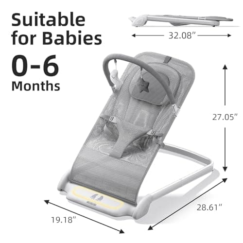 Derson Baby Bouncer, Portable Baby Bouncer Seat for Babies 0-6 Months, Infant Bouncer Chair Newborn with 8 Soothing Music, Foldable, Natural Vibrations (Gray) view 3
