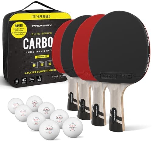 PRO-SPIN Ping Pong Paddles Set of 4 – ITTF Approved Carbon Table Tennis Rackets and Balls – Professional Quality Set with 8 Tournament-Grade Ping-Pong Balls (Red, 4-Player Set)