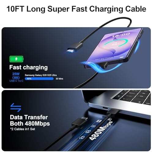 Super Fast Charger Type C, 25W USB C Wall Charger Fast Charging for Samsung Galaxy S26 Ultra/S26/S26+/S25 Ultra/S25/24 Ultra/S24/S23 Ultra/S22 Ultra with 10FT Long Android Type C Charger Cable 2Pack view 5