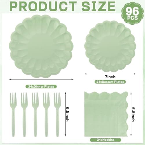 96 Pcs Sage Green Paper Plates and Napkins Party Supplies Serve 24 Guests Include Scalloped Dinner Plate 9.5", Dessert Plate 7.5", Napkins Plastic Forks for Baby Bridal Shower Wedding Birthday view 3