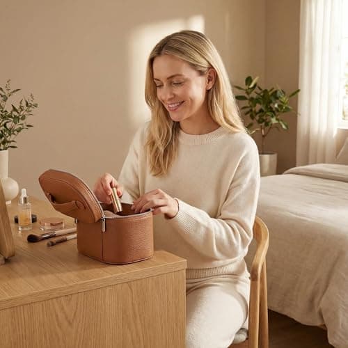 Brown Leather Makeup Bag, Travel Vanity Make up Case with Compartments , Portable Cosmetic Organizer Bags,Toiletry Bag for Women view 2