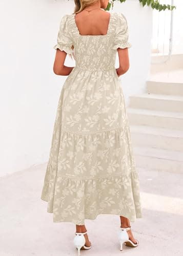Lazysmile Women's Summer Boho Floral Maxi Dress Short Sleeve Square Neck Smocked Ruffle Elegant Wedding Guest Dress view 2