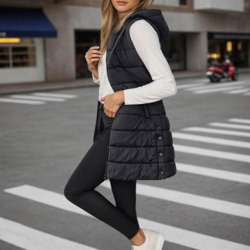 ZGTWHZY Long Puffer Vest Women 2026 Fall Winter Sleeveless Quilted Lightweight Zip Up Hood Vests Jacket Outwear with Pocket view 3