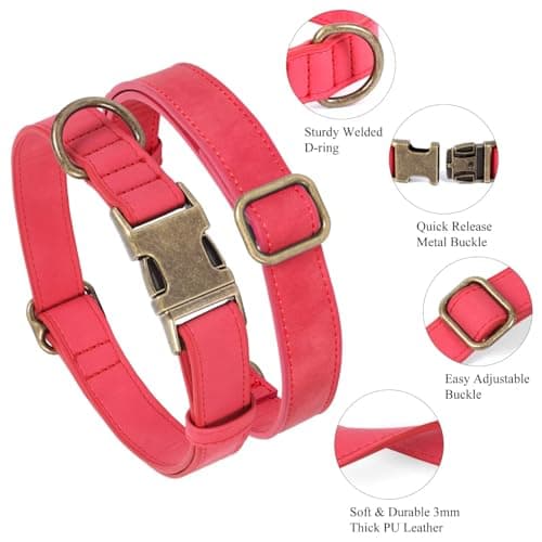 Jumpress Soft Leather Dog Collar for Small Medium Large Dogs, Heavy Duty Dog Collar with Quick Release Metal Buckle, Durable & Adjustable for Medium Dogs Walking (Red, M) view 2