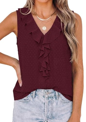 PRETTYGARDEN Tank Tops for Women 2026 Summer Fashion Sleeveless Ruffle Button Swiss Dot Dressy Casual Blouses Work Shirts view 1