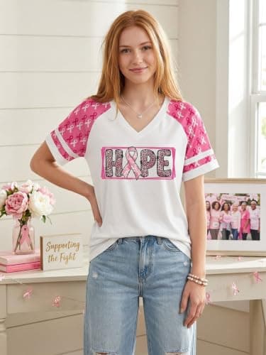 Eatbook Breast Cancer Shirts for Women Pink Ribbon Graphic V Neck Tee Tops view 4