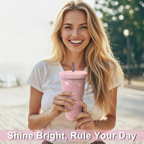 26oz Bling Rhinestone Studded Tumbler with Lid and Straws, Bling Cups Stainless Steel Water Bottle Diamond Glitter Tumbler for Women - Birthday Gifts for Women, Mom,Get Well Soon Gifts (Pink) view 2