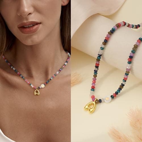 Sistble Colorful Beaded Necklace for Women Gifts for Teens Bubble U Initial Necklaces for Teen Girls Bobo Bohemian Natural Stone Handmade Summer Beach Necklace Gifts for Friends Jewelry view 3