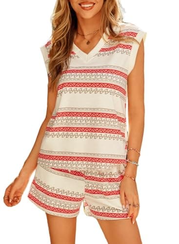 Dokotoo 2 Piece Sets for Women Summer V Neck Sleeveless Top Tie Waist Shorts Striped Casual Outfits with Pockets — image 1