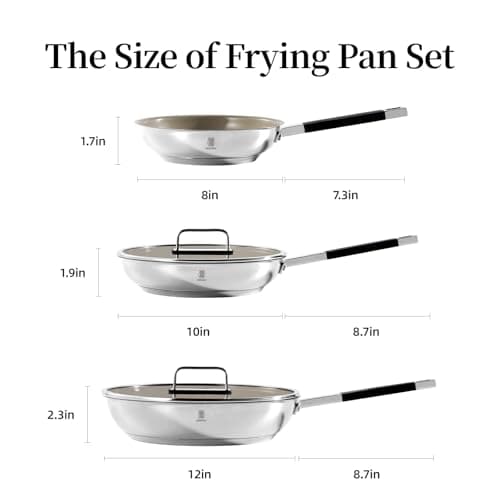 ROYDX Stainless Steel Cookware Set, Non Stick Titanium Ceramic Fry Pan with Lid 8", 10" and 12" Oil Gather Pro Non Stick Skillets with Stay-Cool Handle PFOA Free, Compatible with All Cooktops view 2