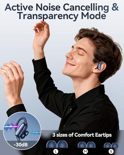 GNMN Active Noise Cancelling Ear Buds Wireless Earbuds 96hrs Playback Bluetooth Headphones Dual Battery Display Stereo Bass Earphones with Earhooks Microphone IPX7 Waterproof Headset for Sports/Gym view 2