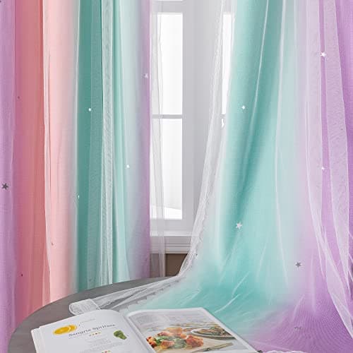 XiDi Curtains for Girls Bedroom Decor, Rainbow Blackout Curtains for Kids/Little Girl Room Decor, Unicorn Wall Decals,Pink Purple Green,63 x 34 inches,1 Panel view 4