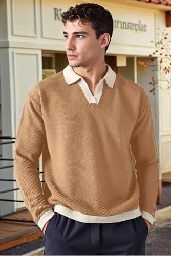 BAYAMO Mens Polo Sweater V Neck Long Sleeve Pullover Sweater Casual Knit Textured Sweater view 4
