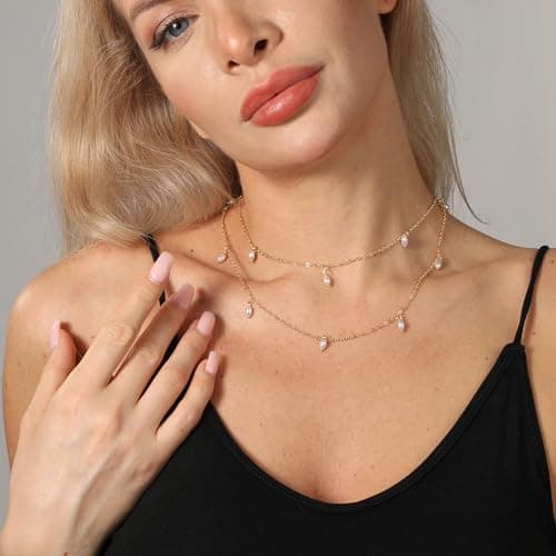 ZNBOH Pearl Necklaces for Women 14k Gold Plated Dainty Choker Layered Pearls Pendant Necklace for Girls Cute Simple Faux Pearl Necklace Trendy Thin Small Drop Chain Wedding Prom Bridal Jewelry Gift view 3