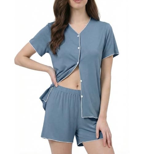 Luwnlorder Womens Pajama Sets Shorts Sleeve Button Down Collarless Lightweight Pjs Lounge Set — image 1