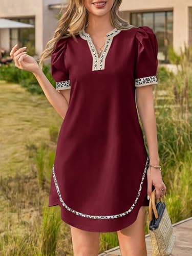 Wenrine Womens Puff Short Sleeve Mini Dress Casual V Neck Color Block Leopard Loose Beach Summer Dresses with Pockets view 2