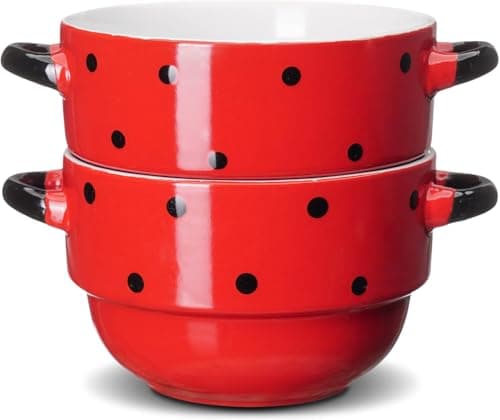 ECODECO 16 oz Ceramic Soup Bowls with Double Handles - Stackable Oven Safe - Red Polka Dot - Set of 4 view 6