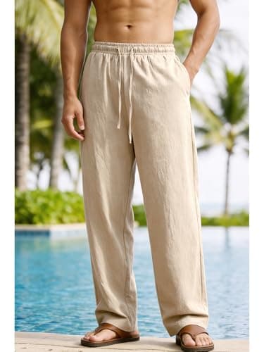 Men's Cotton Linen Pants Elastic Drawstring Lightweight Trousers view 2