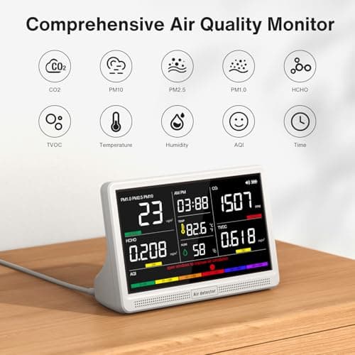 YNAK 16-in-1 Air Quality Monitor Indoor with 7-inch HD Color Display -$54.99 with Free Shipping. Tracks CO2, TVOC, PM2.5/PM1.0/PM10, HCHO, Temp/Humidity, AQI & Time view 2