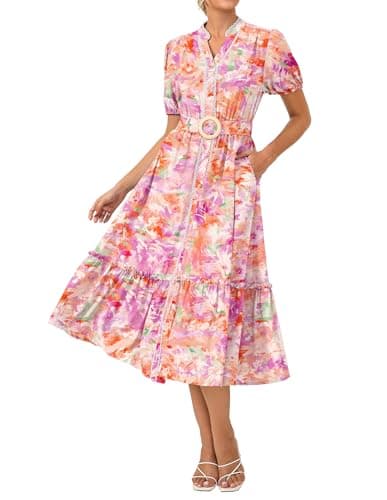 GRACE KARIN Womens Summer Floral Maxi Dress 2026 Casual Puff Short Sleeve Shirt Dress Boho Flowy Dresses with Pockets & Belt — image 1