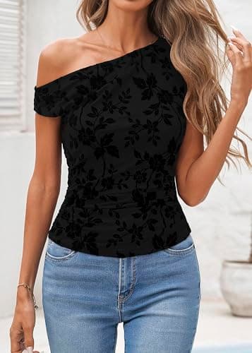 Lazysmile Womens Summer Floral Off Shoulder Tops Sleeveless Ruched Slim Fit Shirts Blouse Y2K Going Out Mesh Tank Tops view 5