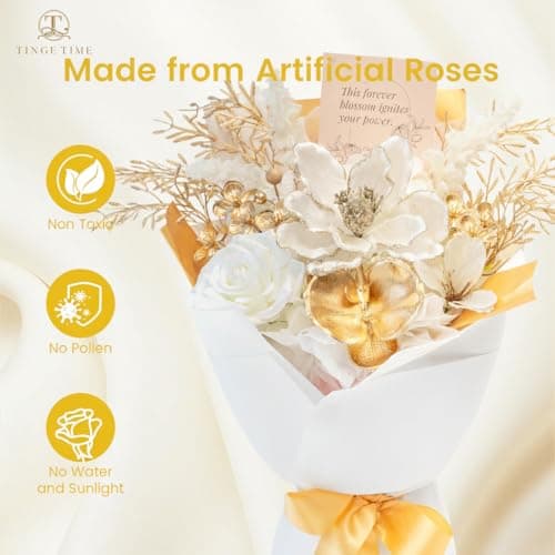 TINGE TIME Preserved Flowers Bouquet, Platinum Faux Rose Bouquets, Eternal Roses Bouquet for Wedding, Table Centerpieces, Mothers Day, Birthday Gifts, Anniversary, Graduation(White & Gold) view 5