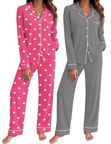 Ekouaer 2 Pack Womens Pajamas Set Button Up Pjs Loungewear Set view 6