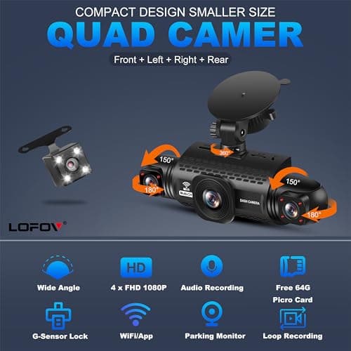 4 Channel Dash Cam 360° View 5G WiFi & APP Control, LOFOV 2K Front and Rear Inside, Left Right Dash Camera for Cars Free 64GB TF Card, G-Sensor, Night Vision, 24H Parking Mode view 2