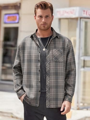 BAYAMO Men's Flannel Button Down Shirt Casual Plaid Long Sleeve Fall Jacket Lightweight Soft Tops with Pockets Grey XL view 2
