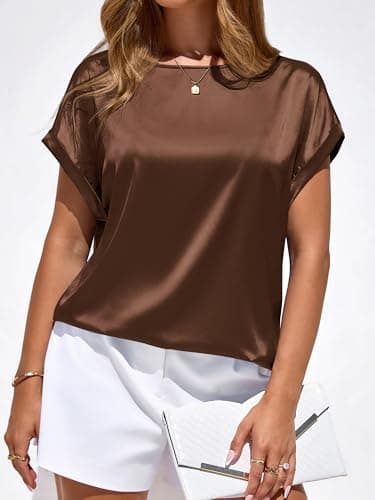 BTFBM Summer Tops for Women 2026 Dressy Satin Blouses Loose Crew Neck Short Sleeve Shirts Work Business Casual Outfits view 6