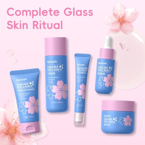 QUIYUM Sakura Collagen Skincare Set - 8-Piece Glass Skin Routine with Cleanser, Toner, Serum, Eye Cream, Moisturizer | Hydration, Firm, Glow for All Skin Types, Skin Care Gift Sets, for Mother's day view 5