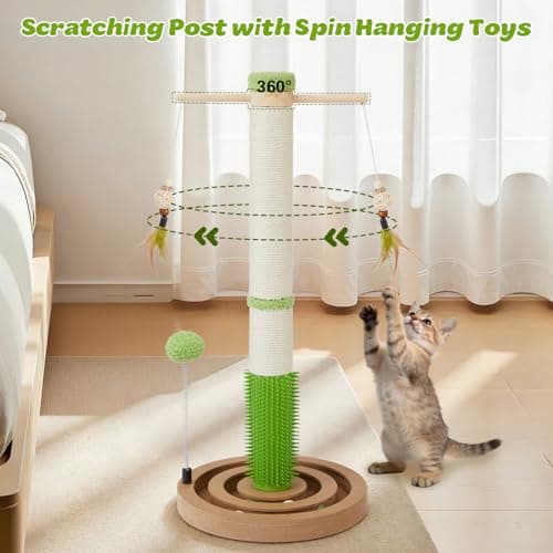 Cat Scratching Post, 26 Inch Tall Scratching Posts for Indoor Cats Adults and Kittens, Small Cat Scratch Post with Rotatable Hanging Toys, Rubber Brush and Double-Layer Interactive Wooden Ball Track view 2