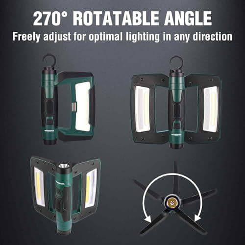WORKPRO Rechargeable USB-C LED Work Light, Foldable Magnetic Light with Hanging Hook, 270° Rotatable, Tripod Mountable, Cordless Flashlight Light for Garage, Workshop, Auto Repair, Camping view 3