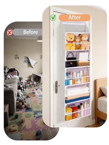 Over Door Stuffed Animal Storage, Zipper Closure Hanging Toy Organizer, Nylon Behind Door Organization, Clear Window Bathroom/Bedroom/Closet Holder Bag for Nursery Dorm Room Plush, 1Pack, 5 Tier，Beige view 4