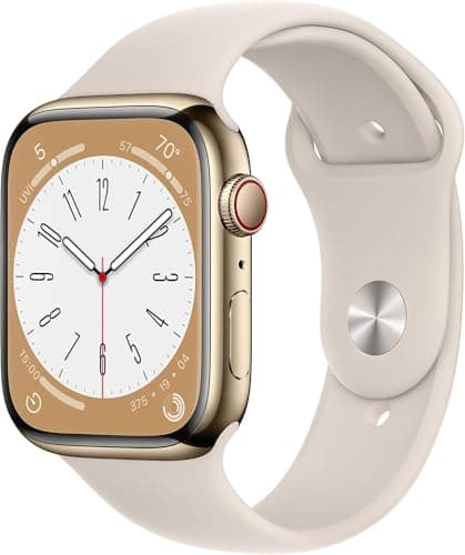Apple Watch Series 8 (GPS + Cellular, 45mm) - Gold Stainless Steel Case with Starlight Sport Band (Renewed)