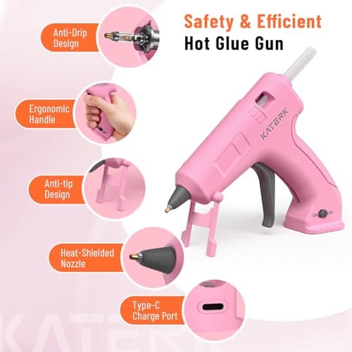 Katerk 3.7V Cordless Hot Glue Gun Kit, 90s Fast Heating, Mini Glue Gun with 15 Glue Sticks, USB-C Rechargeable with 2000mAh Built-in Battery, Ideal for DIY, Gift Making, School Crafts & Repairs (Pink) view 6