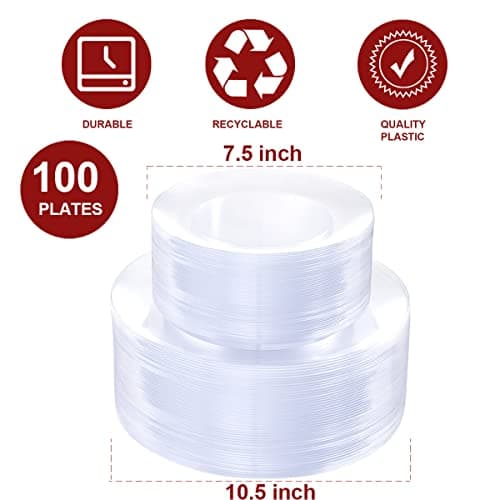PULOTE 100Pieces Clear Plastic Plates - Premium Heavyweight Plastic Clear Disposable for Wedding&Party Include 50 Dinner & 50 Dessert/Salad Plates view 3