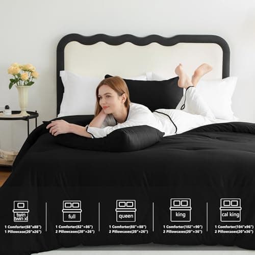 CozyLux Queen Comforter Set Black, 3 Pieces Solid Comforters Queen Size Breathable Quilted Bedding Sets, Luxury Soft Microfiber Down Alternative Comforter for All Season (1 Comforter & 2 Pillowcases) view 6