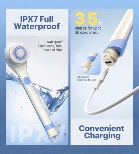 Electric Body Brush Back Scrubber for Shower, Waterproof Long Handle Body Scrubber Bath Brush with 5 Heads, Rechargeable Body Scrub Brush, 2 Speeds for Cleansing, Exfoliating and Massage (White) view 2