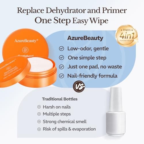 AZUREBEAUTY 4-in-One Nail Prep Pads-Dehydrator & Primer Wipes for Gel, Acrylic & Press On Nails, No Spill, No Brush, Fast & Easy Nail Cleaner Prep, Travel Friendly 84PCS (2 Boxes) view 3