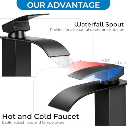 RNDIOZD Matte Black Bathroom Faucet with Waterfall Spout and Pop-up Drain | SUS 304 Stainless Steel, Single Handle, 1 or 3 Hole Sink, Vanity Faucet, Deck Plate, Supply Hoses, NSF372 NSF61 cUPC view 3