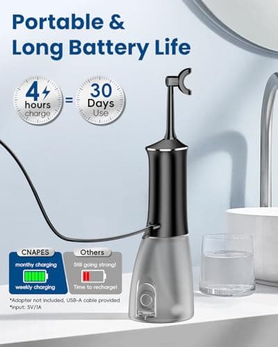 Cordless Water Flosser for Teeth: 4 Pressure Settings, 360° Clean with 4 U-Shaped Flossing Heads, IPX7 Waterproof, 30-Day Battery, Rechargeable Flosser for Braces Sensitive Gums (Black & Gray) view 6