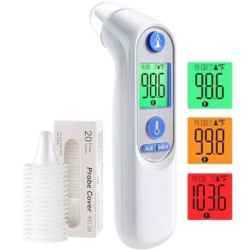 Ear Thermometer, Digital Ear Thermometer for Kids and Adults, High Accuracy Baby Thermometer with 1s Result, 3-Color Dispaly, 30 Memory Recall, with 21 Disposable Probe Covers