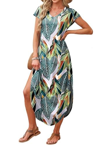 RUMIA Summer Casual Maxi Dresses for Women- Women's V Neck Cap Sleeve Long Sundress with Pockets Beach Vacation view 3