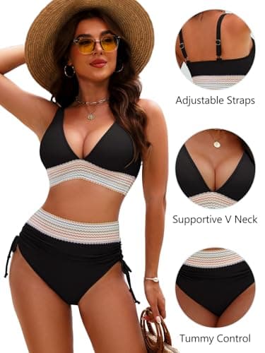 GKBK Womens High Waisted Bikini Sets Tummy Control Bathing Suit Two Piece Drawstring Color Block Swimsuits view 4