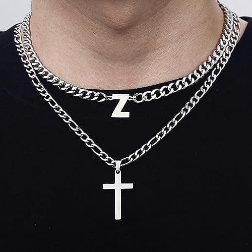 ZNBOH Cross Initial Necklace for Men Stainless Steel Silver Layered Cuban Figaro Link Chain Letter Christian Cross Pendant Initial A-Z Jewelry Gift for Husband Women view 5