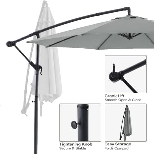 10ft Offset Patio Umbrella, Cantilever Hanging Market Umbrella with 8 Sturdy Ribs, Easy Tilt & Crank, Outdoor Sun Shade for Patio, Backyard, Garden, Poolside, Deck, Grey view 4