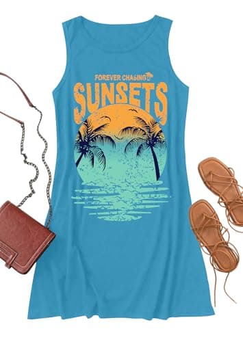 PICKID Summer Dress Hawaiian Dresses Sundresses for Women Sunsets Graphic Mini Tank Sleeveless Vacation Outfits view 5