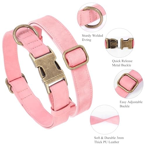Jumpress Soft Leather Dog Collar for Small Medium Large Dogs, Heavy Duty Dog Collar Leather with Quick Release Metal Buckle, Durable & Adjustable for Large Dogs Walking (Pink, L) view 2